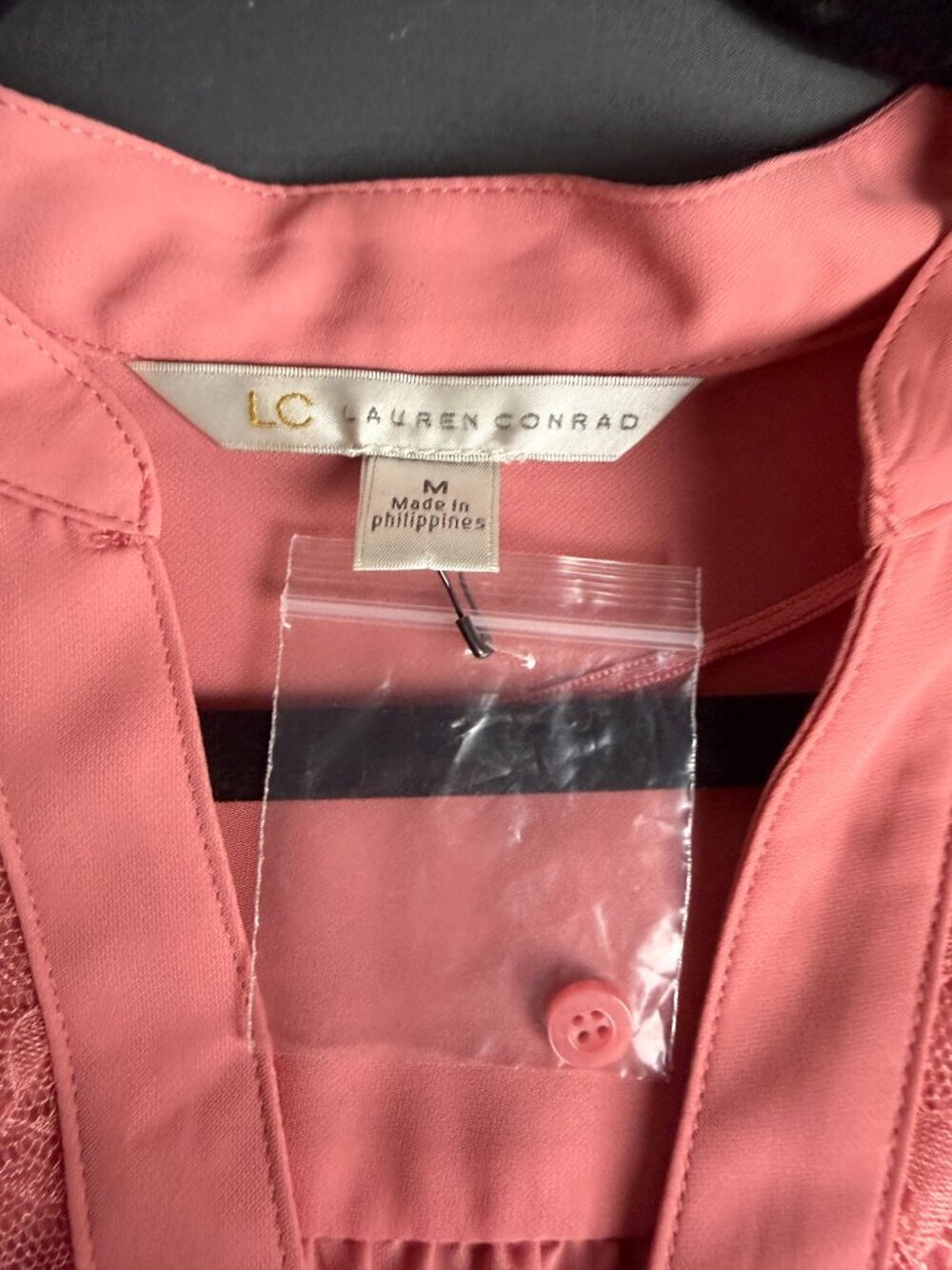 LC Lauren Conrad Size M Blouse Top Pink Lace Chiffon Semi Sheer V Neck Office - Picture 8 of 8